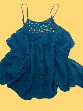 Cape & Juby Teal Blue Crochet Yoke Spaghetti Strap Flowy Camisole Tank Top